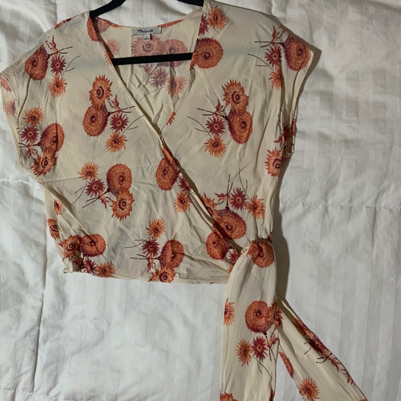 Madewell Cream Orange Sash Tie Wrap Top Dutch Dandelion Print - Picture 5 of 9